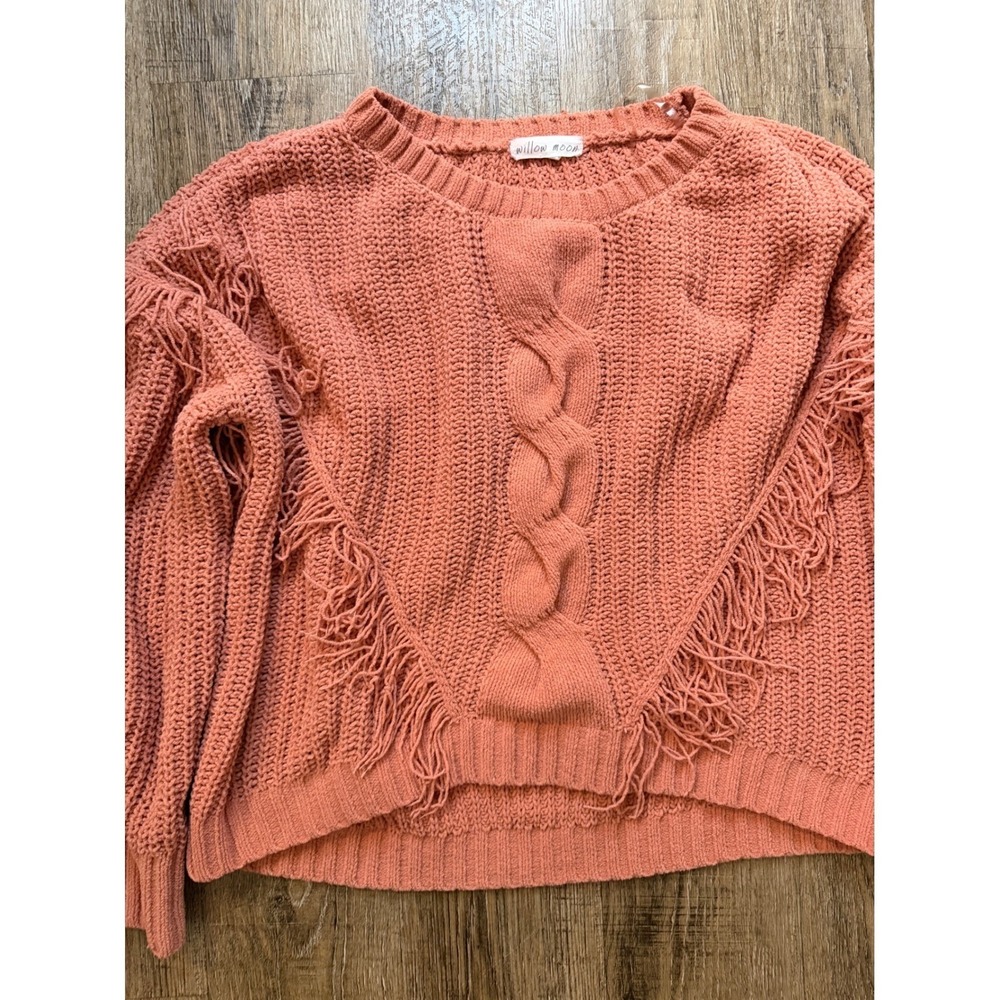 Willow Moon XXL Chenille Cable Knit Fringe Sweater Terracotta Pink Boho Pullover - Picture 3 of 9